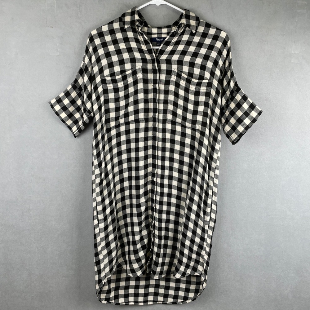 Madewell Buffalo Check Plaid Everyday‎ Shirt Dress Black White Viscose XXS E7148